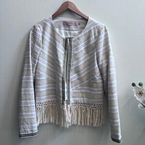 Women's Boho Fringe Open Front Esqualo Cream Gray Cardigan Jacket Size 10 Chic